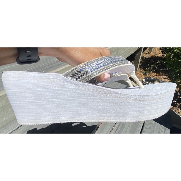 SO Platform Wedge Flip Flops Womens White Rhinestone Sparkly Good Y2K Sandals - Picture 3 of 6